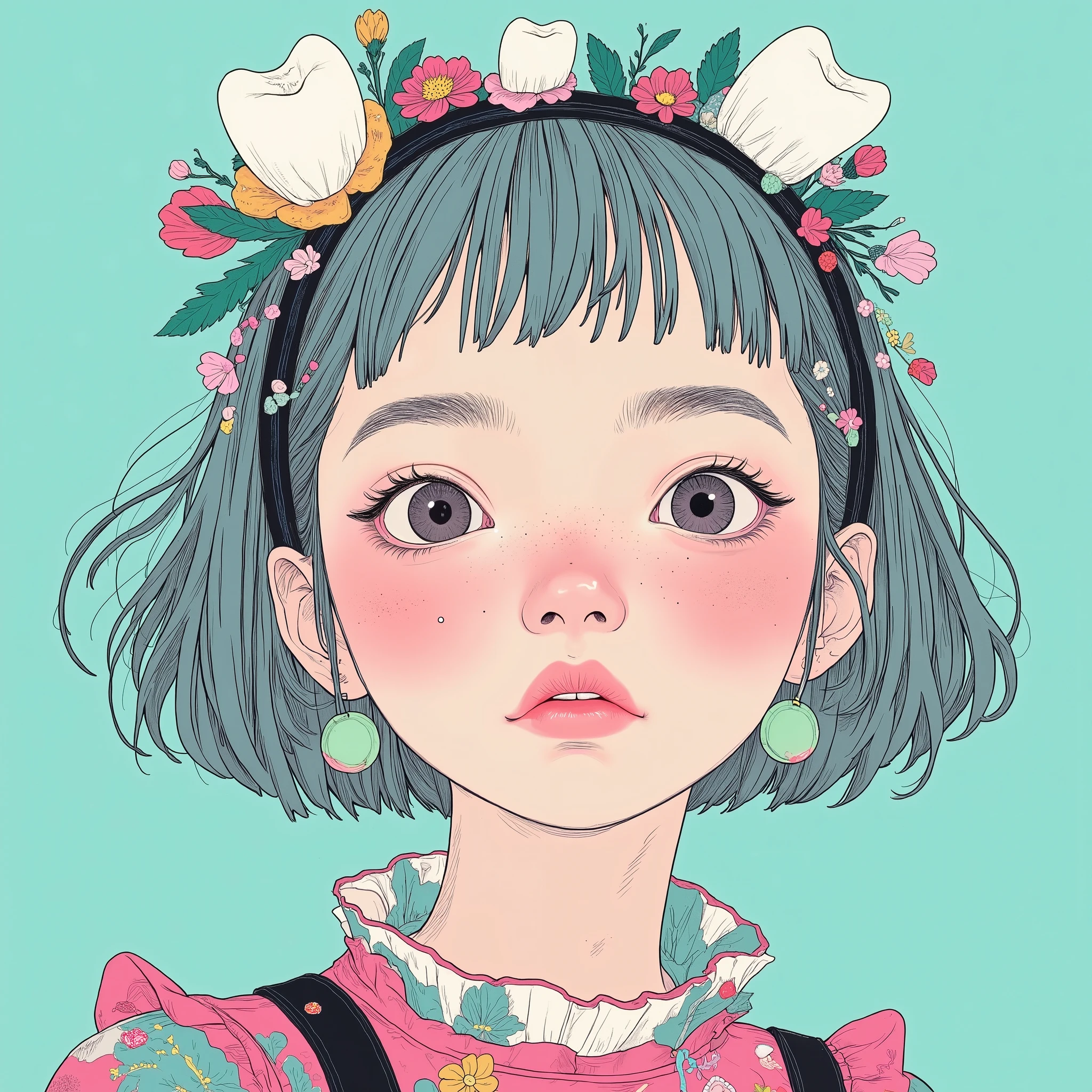 It is illustrated by a stylish woman, in drawn 。Striking graphic elements. Her short, ウェーブのかかった髪teeth、, flowing lines , teeth、Mainly white、subtle shades of gray, teeth、It creates an intricate teXture. 彼女の目teeth閉じている, 。creates a gentle and introspective atmosphere in the image. 。It creates a cohesive、visually appealing composition. 主な背景色teethターコイズin、beautifully complements pink and teal。{X} 女性用ドレスteeth大きなリボンin装飾され、and decorated with a bright floral pattern in turquoise, Dark green-blue, and shades of pink, in、Has a playful spirit、fashionable It adds atmosphere. ドレスのデザインteeth複雑inす , 目立つメイクにteeth、well-groomed eyebrows and bright pink lips. カラーパレットteeth調和のとれたものinす; 、layered collar and embroidery details、combines elegance and playful use, 。bright turquoise background.