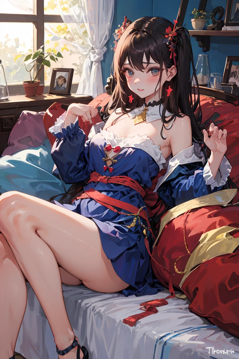 boa hancock, Una pieza, blue eyes, pelo largo,obra maestra, mejor calidad, perfect anatomy, hermoso fondo, hermoso rostro, ojos bonitos, cuerpo completo, 1 chica, solo, sonriente, sexy, Pechos grandes, pelo negro, acostado en la cama,cadera ancha, piernas cruzadas, cerrar los senos, de un lado, Mirando al espectador