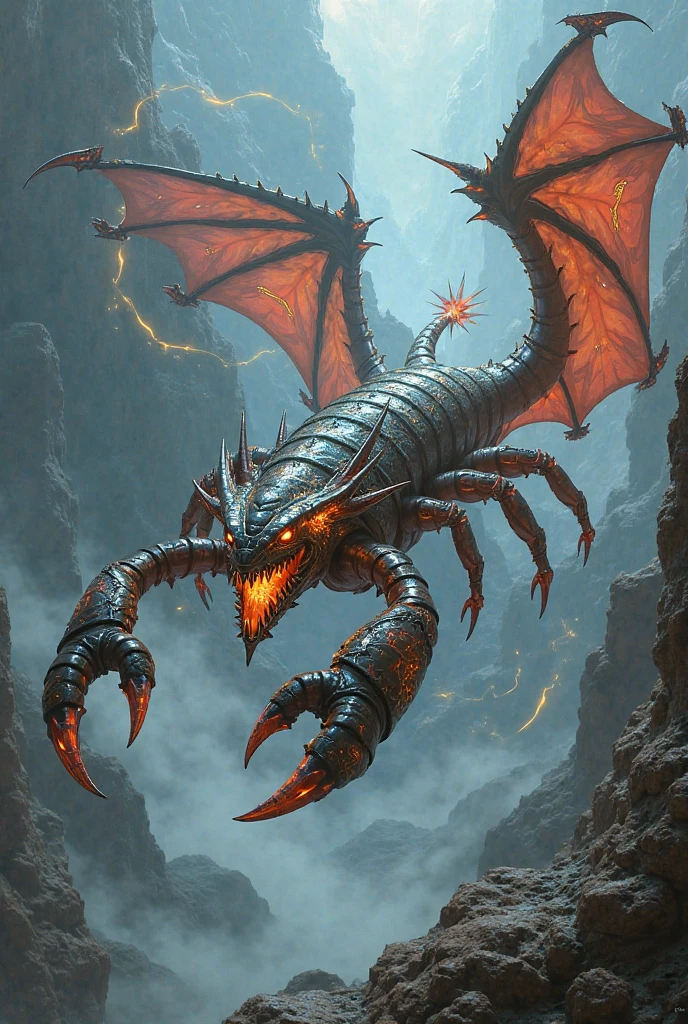 Dragon god, dragon of life, big horns, giant horns, beast, glowing eyes ,Black and silver color,a head ,Golden shine eyes,Big and long body ,4 Paws, long tail, several horns ,6 eyes