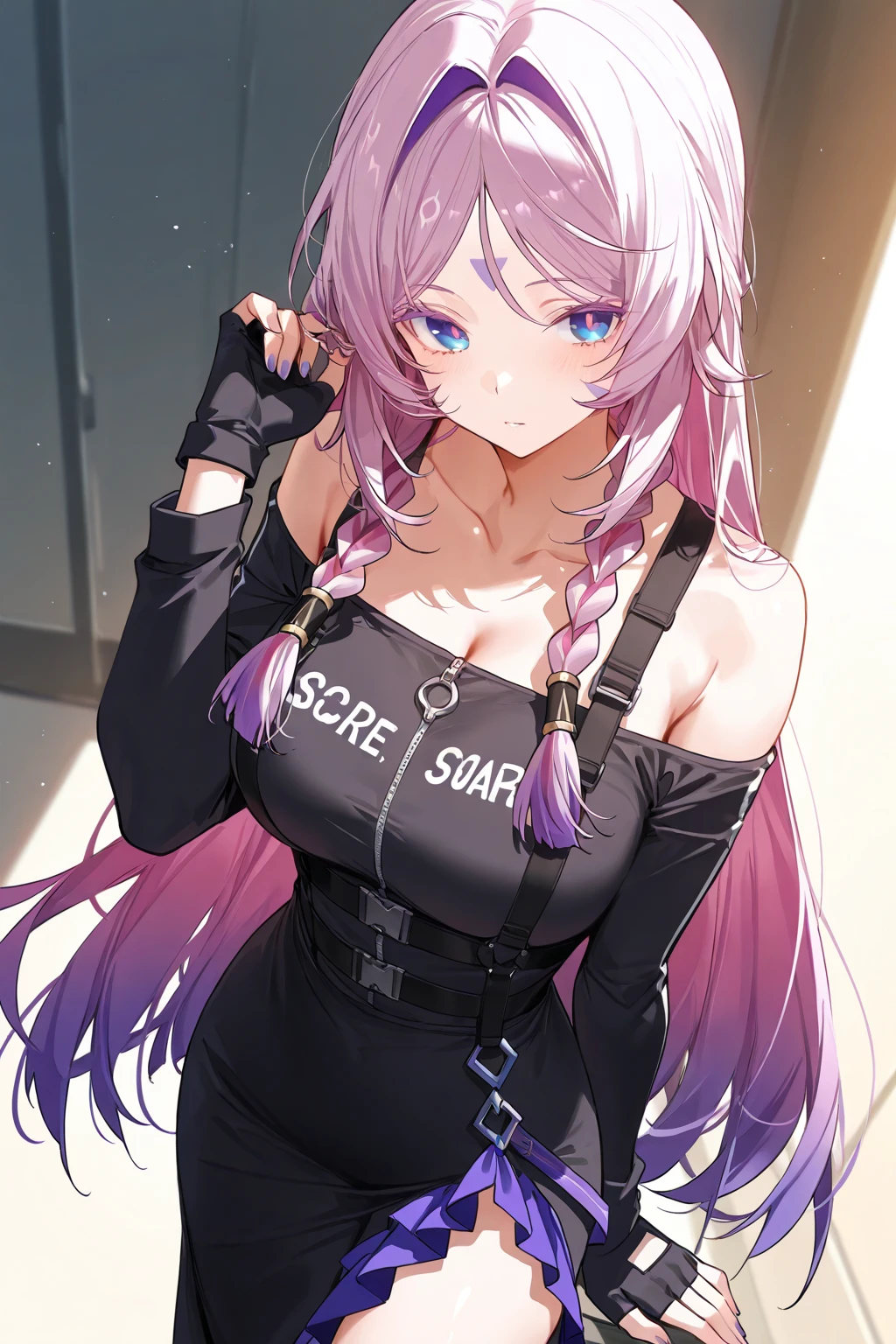 最high quality、Best image quality、masterpiece、girl((18-year-old、 By becoming、Best Bust、Medium Bust,Wide open breast tea、Red glowing eyes,Blonde、Disheveled Hair、Twin tails、thin,The highest valley、Open chest、Luminous Wristbands、hat、hair ornaments、luminous necklace、Black sleeveless hoodie(1:2)、Blue short skirt、Disheveled clothing、Show the whole body,Low - Angle、Hacker-like、sweating、lure、Black cute mask、Leaning against a wall、Black scarf、Holding a Japanese sword、Sad face、Chain Accessories、handcuffs)),high quality、Beautiful art、background((Black Room、Black Wall、Black furniture、Big black TV、Black PC))、Flight、Flying debris、Written boundary depth、movie、Visual Arts、Perfect art、8K,Genuine,