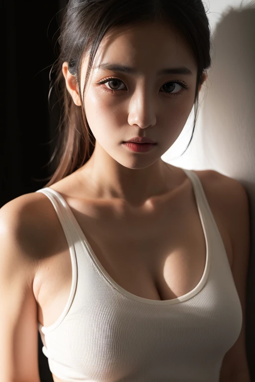 whiteroom, 1 person, Japanese woman, look at the camera, H~I cup, model's expression, silver ratio, cute, middle black hair, Tank top, Shiny skin, Sweaty body, Dramatic lighting, Huge breath, (8K, 4K, Best Quality, High Definition, Ultra High Definition: 1.1), (Masterpiece, Realistic, Photorealistic: 1.1), #tarasuzuka24