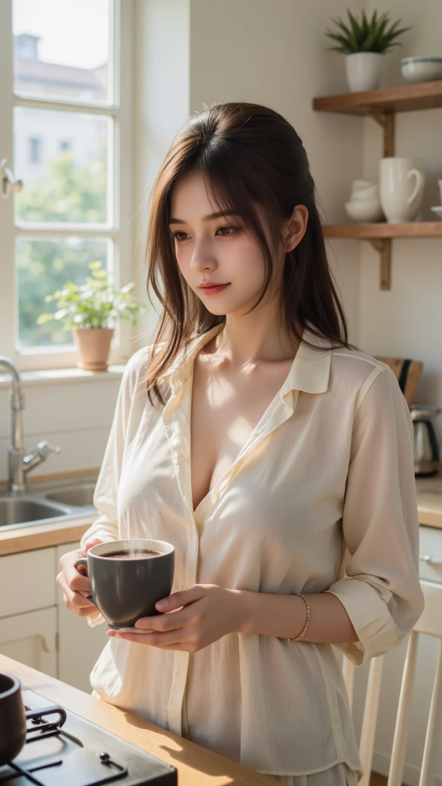 (Photorealistic) woman with (long, flowing) lavender hair, (fair, porcelain) skin, sitting leisurely in a café, (relaxing), sipping on a cup of coffee. She is wearing a (semi-translucent, sheer) white blouse, adorned with a (subtle, delicate) red bracelet. The café is filled with (soft, warm) lighting that enhances the relaxing atmosphere. (Vivid colors) embrace the scene, creating a (dreamlike, ethereal) ambiance.