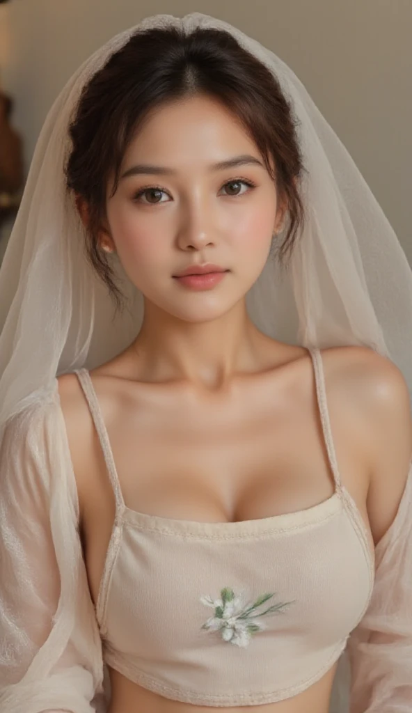 (A hyper-realistic), (illustratio), (hight resolution), (8K), (ighly detailed), (The best illustrations), (beatiful detailed eyes), (top-quality), (ultra-detailliert), (​masterpiece), (wall-paper), (detailed face), droopy eyes,full of sweat, full body, long legs,short-hair,inner colored,solo,Girl in wedding dress, huge tits, smile, slim body