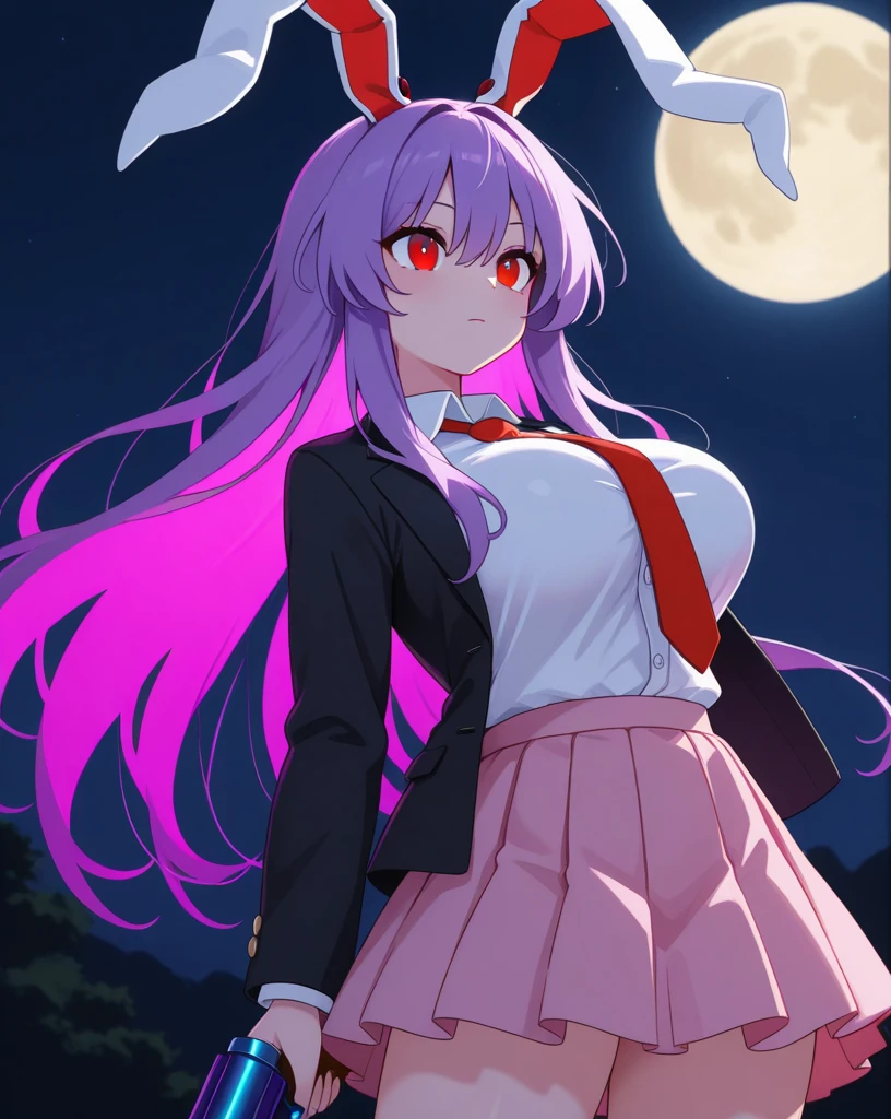 Girl, (Reisen Udongein Inaba:1.2) (from touhou project), perfect quality, on the background of the (red moon with stars:1.1), right hand pointing to the center, (index finger pointing to the center), (red glowing eyes:1.1), red tie, white skirt, (detailed face and eyes:1.2), (huge breasts:1.1), (busty), (deep cleavage:1.1), (labia outline:1.2), (teat outline:1.2).