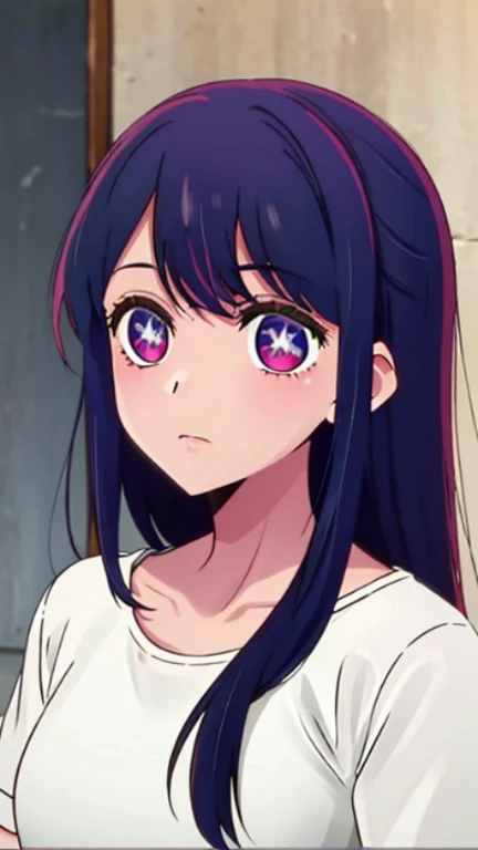 in bed, purple color hair and  purple eyes, white shirt and no bra, anime visual of a cute girl, screenshot from the anime film, & her expression is solemn, in the anime film, in an anime, anime visual of a young woman, she has a cute expressive face, still from anime, big breast, red cheek, lustful face, fair skin