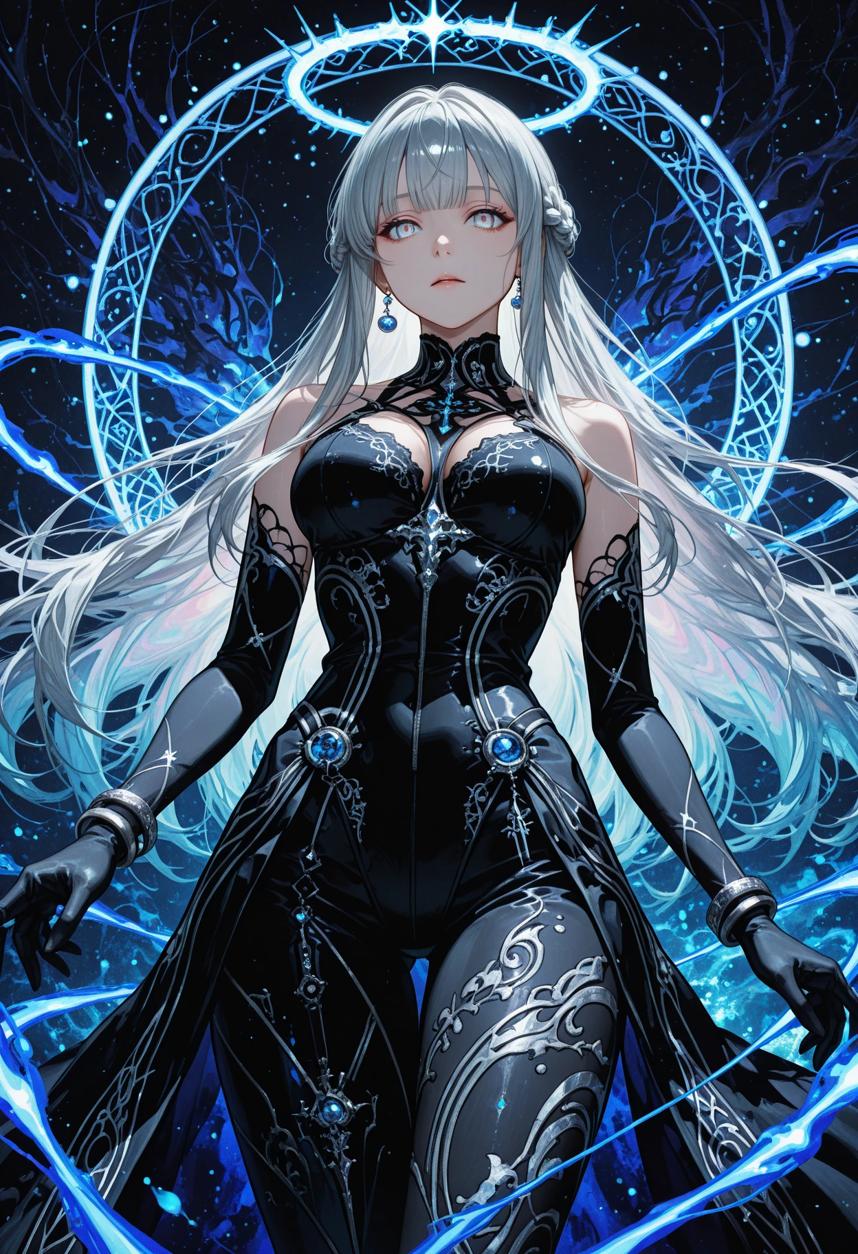 (masterpiece, best quality, ultra-detailed, best shadow), (detailed background,dark fantasy), (beautiful detailed face), high contrast, (best illumination, an extremely delicate and beautiful), ((cinematic light)), colorful, hyper detail, dramatic light, intricate details, (1girl, solo,white hair, sharp face,purple eyes, hair between eyes,dynamic angle), blood splatter, swirling black light around the character, depth of field,black light particles,(broken glass),magic circle,голая грудь 