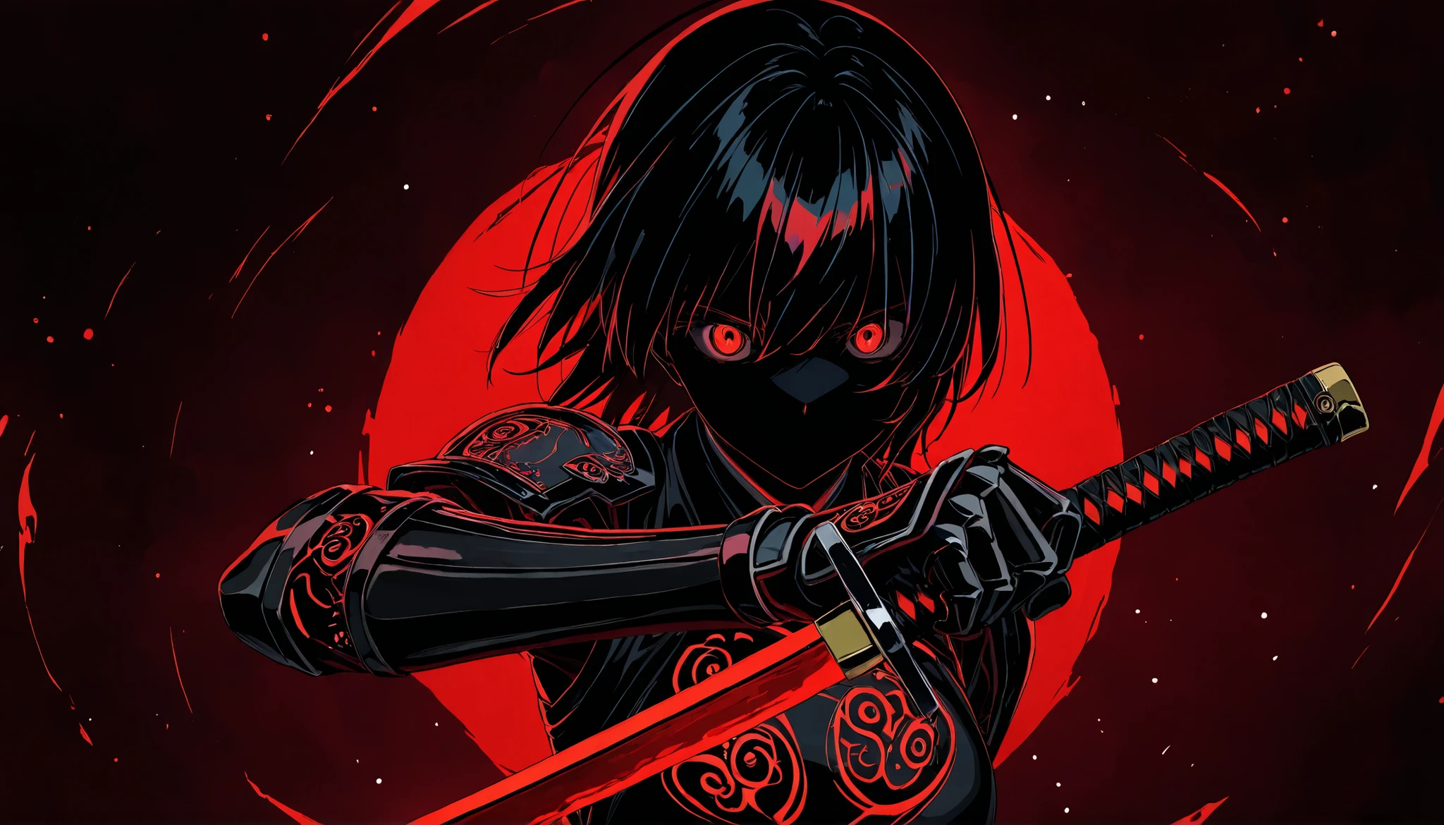 (Side view), (top quality: 1.5), (masterpiece: 1.5), (2.5D), (vibrant colors), (clear proportions), (perfect anatomical structure), (figure in the center), (4k wallpaper), (strong red background), (dramatic contrast), (harmony of light and shadow), close-up of a mysterious female ninja, long dark hair scattered in the wind, holding a katana near her face, the blade partially hiding her eyes, subtle blood particles on the blade, with a faint reflection of a decapitated silhouette on the steel, her glowing red eyes creating an imposing and enigmatic presence, realistic hands gripping the katana with precision, wearing intricate black medieval-style armor engraved with sharp patterns, the red light reflecting across the metal surface for a tense and cinematic feel, soft light emanating from the blade, emphasizing danger and control, atmospheric background of blazing red energy and deep shadows, realistic metal textures and light reflection, overwhelming tension just before battle, hyper-detailed, high resolution, highly immersive and dramatic composition.