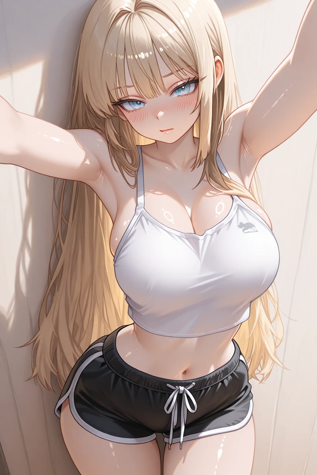 Solo, 1girl, Early 30's, long blonde hair, large heavy breasts, slender toned build, pink tank top (braless), white leggings