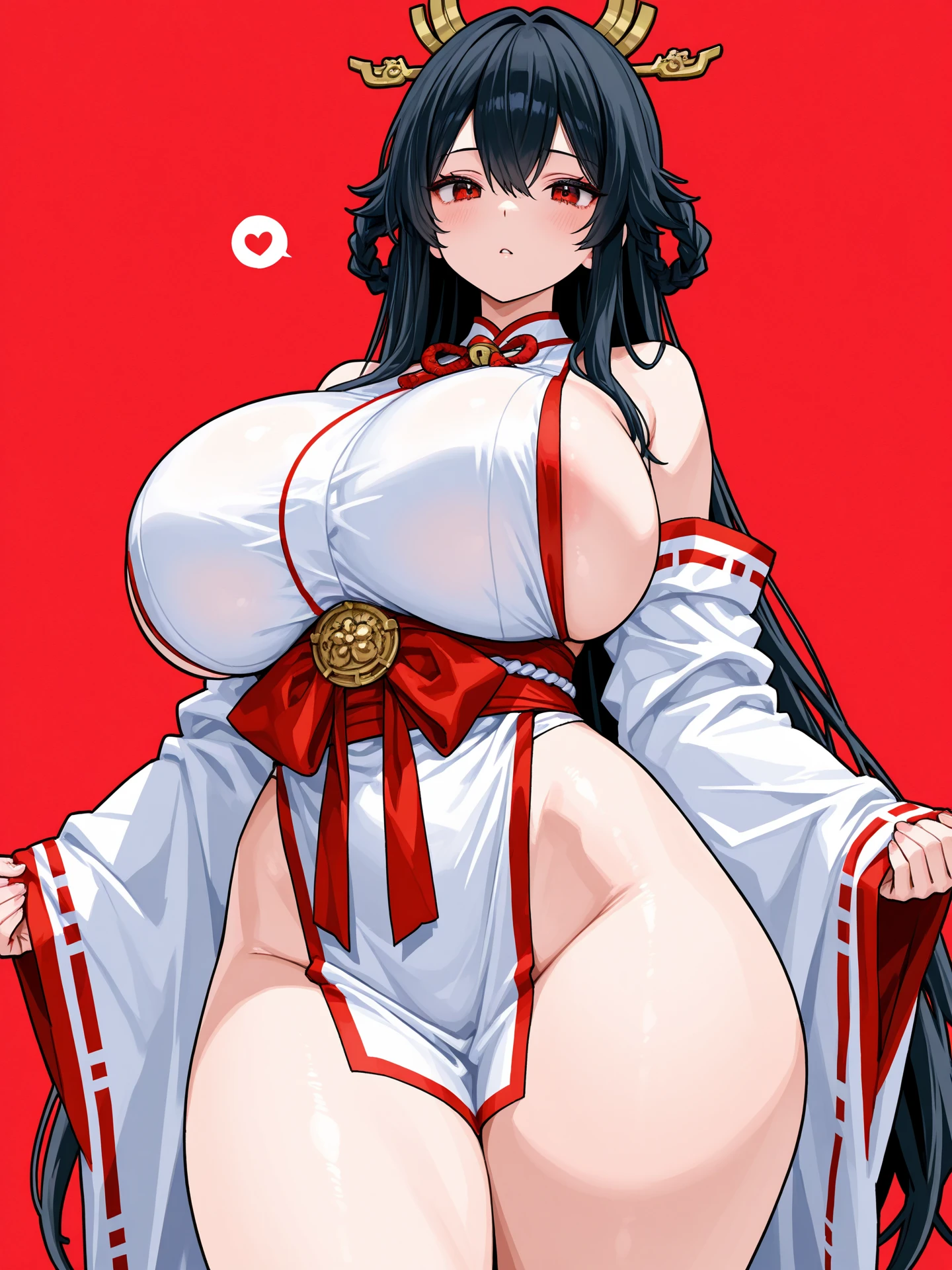 1 girl, long black hair, fox ears, only fox ears, crimson eyes, extremly detailed, blushing, huge breasts, sexy and seductive, wearing red and white erotic kimono, tall, long flufy nine fox tails, thicc thighs, wide hips, smile, horny, absurdes, high res, ultra sharp, 8k, masterpiece, looking at viewer