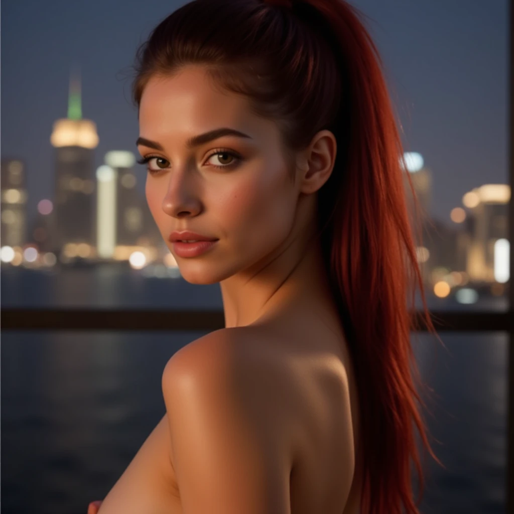 professionnel, (Photo 4k:1.3) (mise au point nette:1.4), Détails élevés, Porter (nue:1.2), beau visage détaillé, une jolie femme, face caméra, aux longs cheveux rouges regarde la caméra, jambe écartées, nuit, ressemblant à l’actrice Scarlett Johansson, Panasonic Lumix S Pro 50mm f/1.4, photo réaliste, (jolie jeune femme:1.3), (séduisant:1.4), (rougissant:1.1), Forme du corps du sablier, gros seins ronds, cul souligné, cul accentué, tir arrière, corps entier, longues jambes dans un piscine sur le toit d’un gratte ciel de nuit, vue sur ville éclairée.