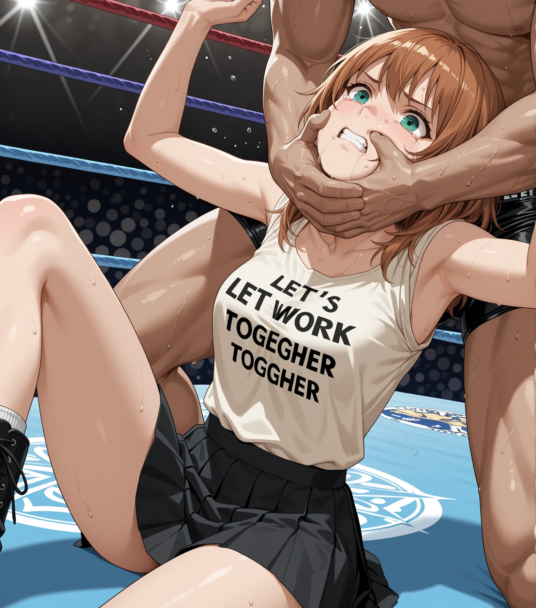 (((masterpiece))),(((best quality))),(ultra-detailed,high resolution:1.2),(illustration),((an extremely delicate and beautiful)),(detailed background), front view, (((((hug from behind)))), sex from behind, standing sex, ((((motion lines)))), vulgarity, (((wrestling ring)))), ((1petit girl)and(1muscular man)), (height difference),hetero, ((((1petit girl,short stature)))), ((((futanari, dickgirl, full-package_futanari,penis_from_girl, newhalf)))), ((((ejaculation)))), (slender body:1.4), (medium hair,straight hair),black hair, dark eyes, ((((flat chest)))), covered navel, collarbone, pale skin,shiny skin,((She wears black one piece swimsuit,frilly swimsuit, hair ribbon)),ahegao, ((((panicking)))), (wavy mouth), open mouth, (trembling), (cum on clothes:1.4),cum on body,excessive cum,cum facial,bukkake,cum on hair,cum in pussy, clothing aside, clothed, (1muscular man,tall stature:1.4),large penis,  text,