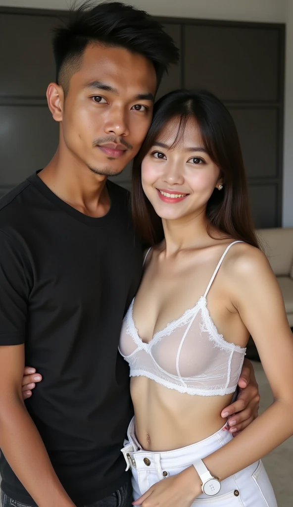 hyper realistic image,ultra detail,beautiful woman 20 years old wearing thin clothes body tight,sexy big breasts,hugged from behind by a 30 year old Indonesian man,ultra HD,image quality
