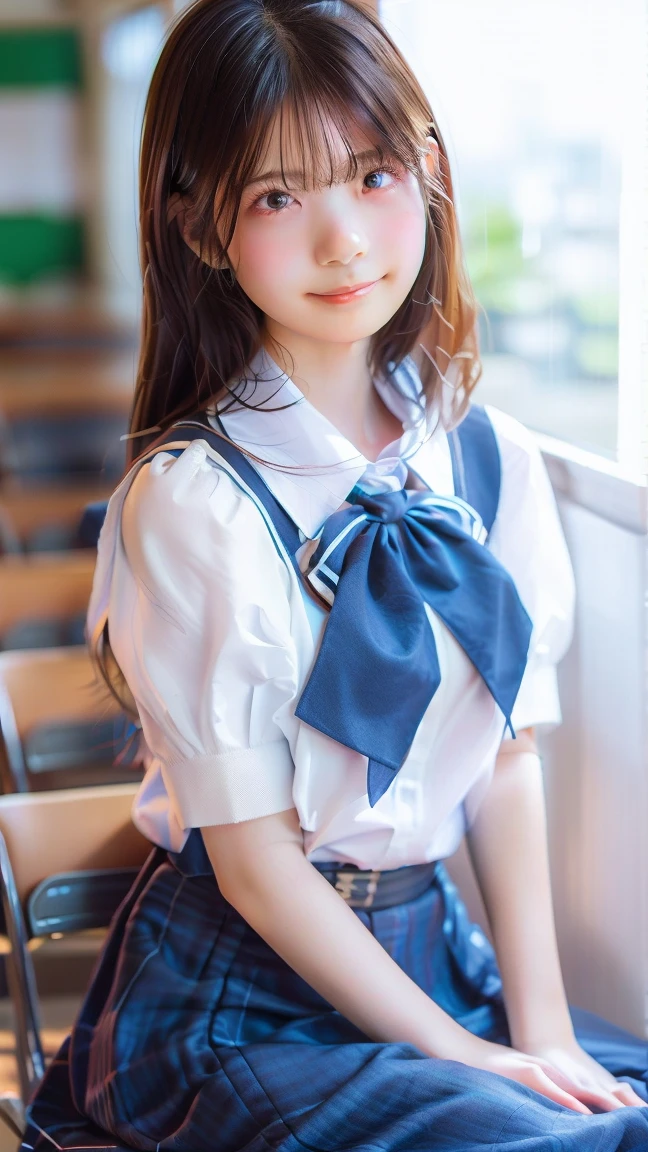 (((Round face))), (blush, Droopy eyes), ((Bend and open your legs, Showing genitals)), White summer shirt, ribbon, Pleated skirt, uniform, Braiding, Stylish glasses,