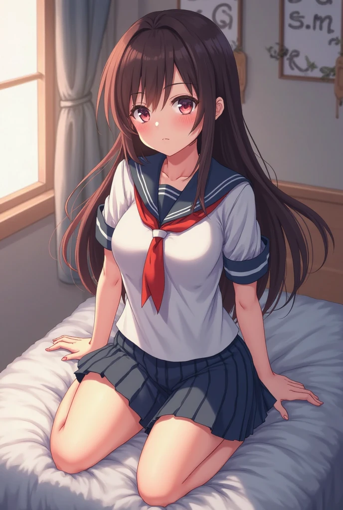 An anime-style image of a girl sitting on a bed in a room. in a school uniform. Surreal schoolgirl. Seductive anime girl. Surreal schoolgirl. figure. Cute anime girl. Adorable anime girl. Anime girl. Realistic schoolgirl. Small details. Girls Frontline. No underwear. Spread legs. Getting fucked.