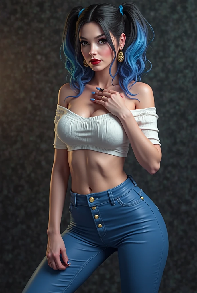 obra maestra, mejor calidad, 4k, ((al estilo de Gil Elvgren o Alberto Vargas)), ((Bulma de DBZ,))red lipstik, lunares, Moda vintage, Pantalones cortos de cintura alta, Tapa recortada, cabello azul ondulado, prop plane in the background.