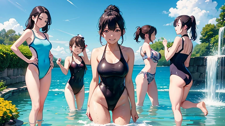 highest quality、High resolution、8k、(huge breasts:1.2)、Beautiful teenage girl、((three girls:1.5)、(three women)、braided ponytail、flashy hair color、
((cute thin white v string bikini:1.5))、My whole body gets wet、(Wet and see-through swimsuit:1.5)、(Nipples stand out in swimsuits:1.5)、water play spot、water play slide、water play event、
Laugh playfully、smile、smile、sexual expression、emphasize the chest、camel toe