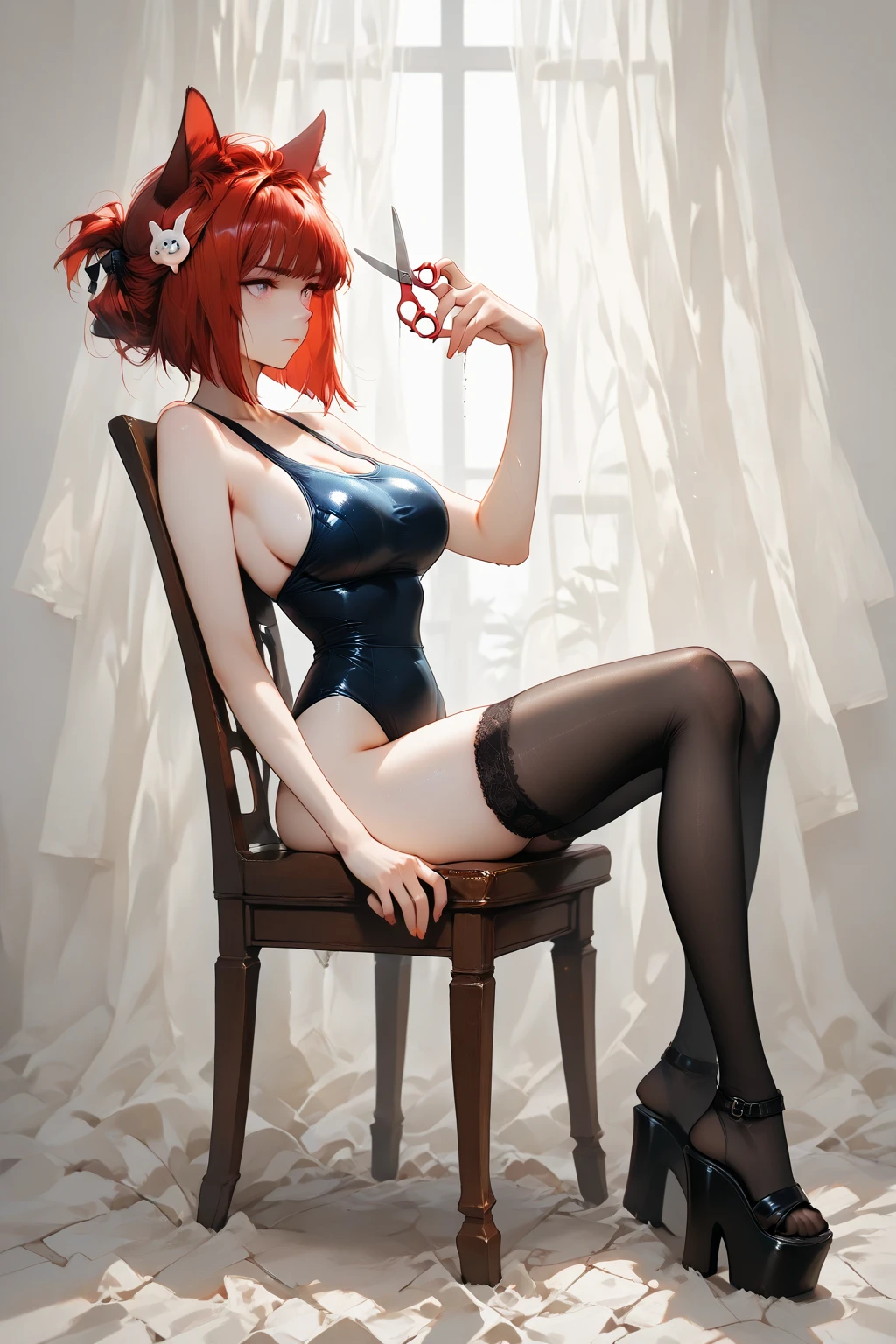 (masterpiece, best quality), 1girl, torn clothes, (torn) playboy bunny, photo session, fishnet legwear, orange hair, arms behind back, <lora:add_detail:1>