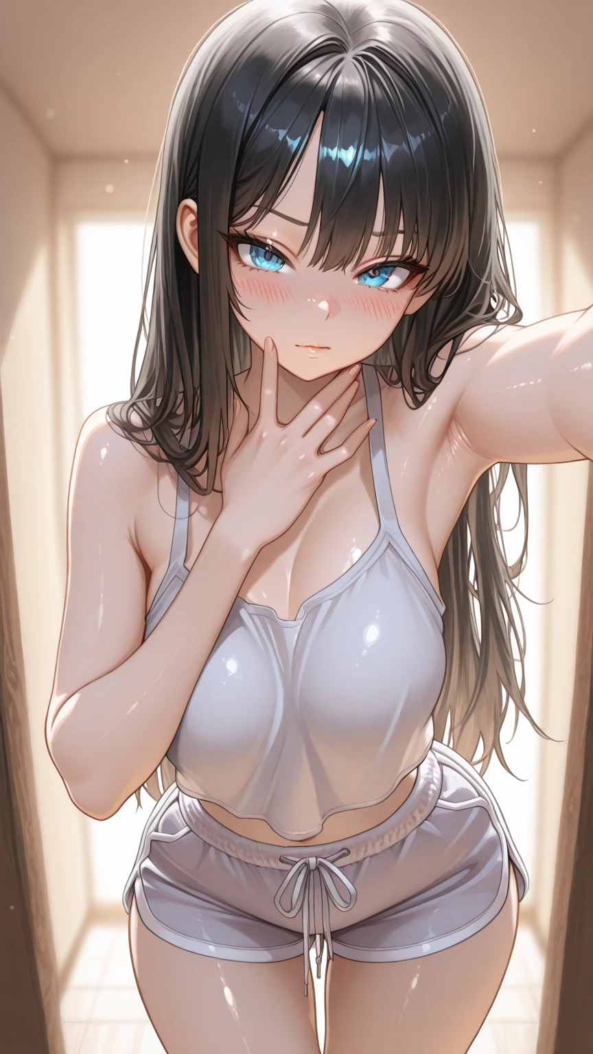 score_9, score_8_up, score_7_up, score_6_up, source_anime, uncensored, rating_questionable, nsfw, rating_explicit,
masterpiece, best quality, high quality, highres, ultra detailed, absurdres, perfect lighting, perfect composition,
perfect anatomy

BREAK
1girl, solo, semi-rimless eyewear, folded ponytail, shiny hair,
tsurime, looking at viewer, surprised, (blush:1.3), (embarrassed:0.9),
(school swimsuit:1.1), (school swimsuit pull:1.1),
small breasts, cleavage, (tanlines:0.7),
upper body, from side,
indoors, locker room

BREAK
1girl, beautiful detailed skin, beautiful breasts, sweaty,
undressing swimsuit, school swimsuitt pull,
spoken exclamation mark
