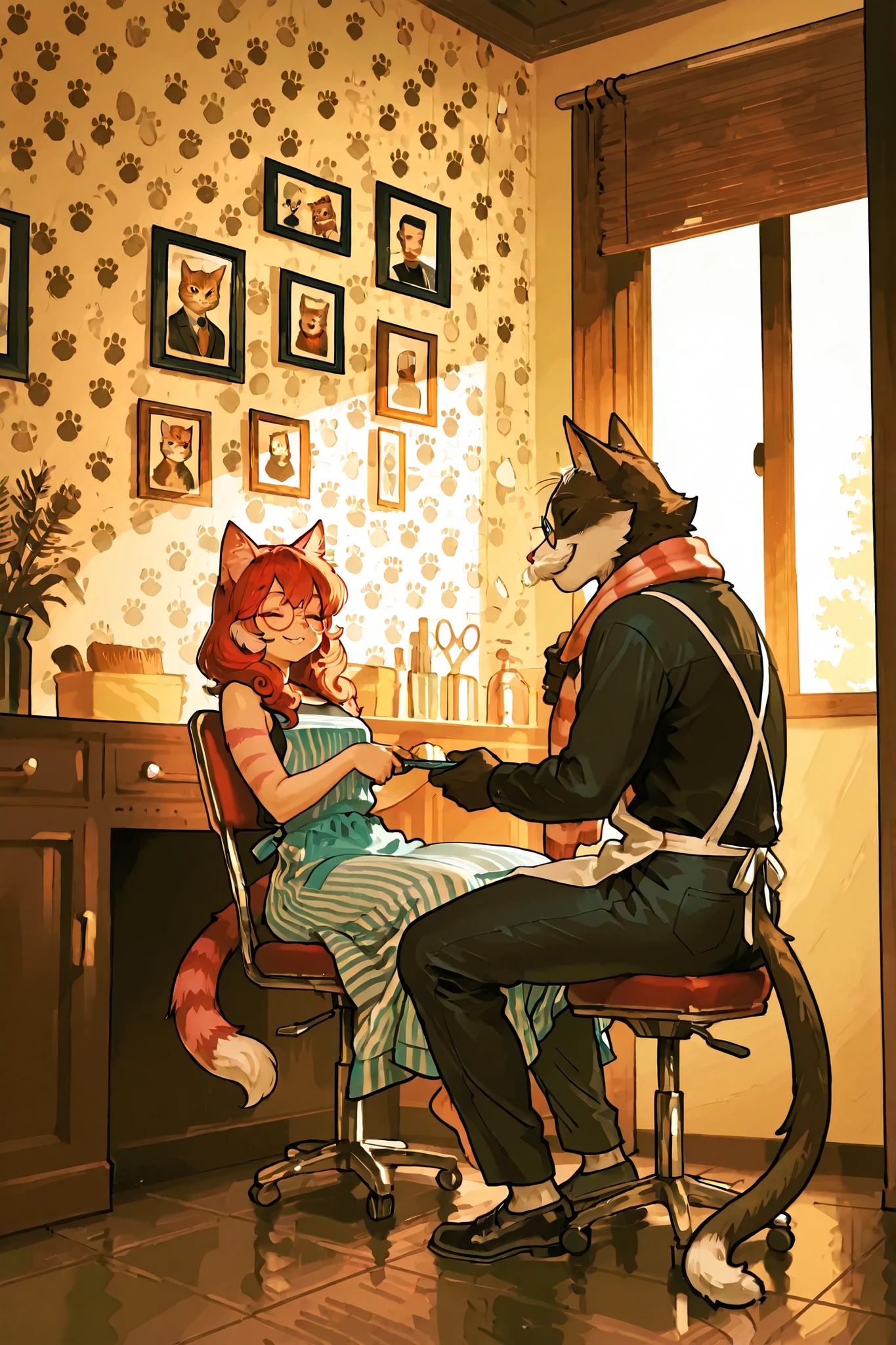 Inside a cozy, stylish feline barbershop, an anthropomorphic cat barber is carefully trimming the fur of another humanoid cat seated in a vintage barber chair. The barber wears a striped apron, tiny round glasses, and has a curled fur mustache. He holds shiny scissors and a comb, focused with professional precision. The client — another anthropomorphic cat — sits relaxed with a striped towel around his neck, eyes closed in contentment, his tail flicking slightly. The shop is decorated with paw print wallpaper, cat-themed grooming tools, and a glowing red-and-white barber pole. Warm lighting, old-school jazz, and tiny details like framed photos of famous cat clients make the scene charming and full of personality.