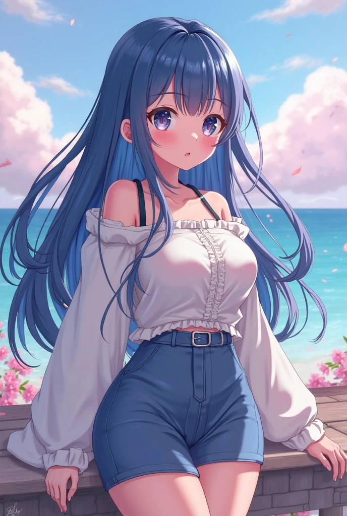 masterpiece,best quality,official art,extremely detailed CG unity 8k wallpaper,high quality,
simple background,bare legs,((full body)),happy,blush,arms behind back,,
1girl,solo,looking at viewer,cleavage,(((,))),
blue hair,long hair,denim_shorts,vest underwear,meidusha,