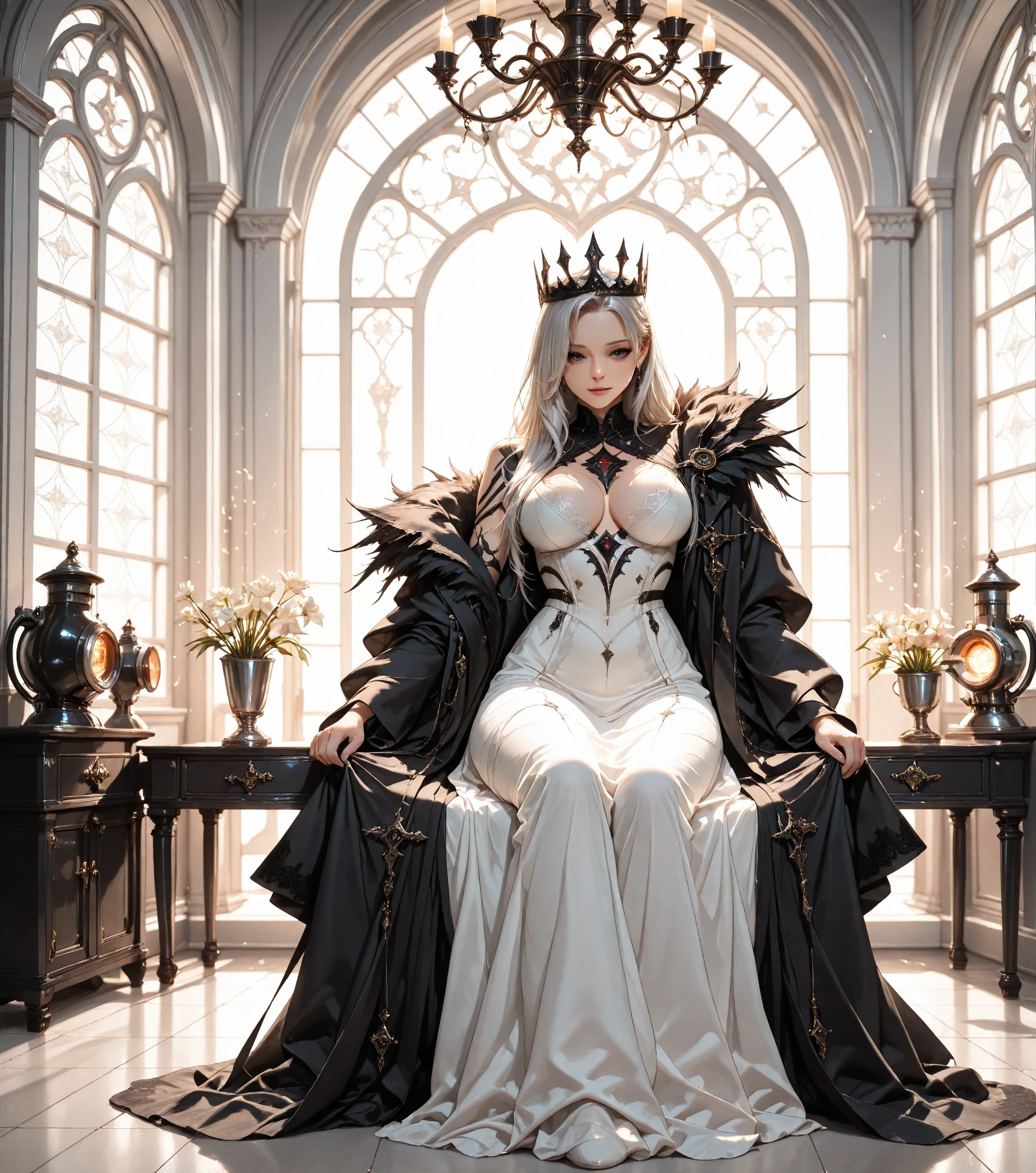 (Masterpiece:1.2), best quality, (illustration:1.2), (ultra-detailed), hyper details, (delicate detailed), (intricate details), (cinematic light, best quality Backlights), clear line, from below, soloist, perfect body, (1girl), white hair and yellow eyes, (emperor, black see-through clothes), (crown: 1.1), sitting on the throne, eyes slightly closed, head down, (shy: 1.2 ), (makeup), high contrast, (best illumination, an extremely create and beautiful), (cinematic light), colorful,