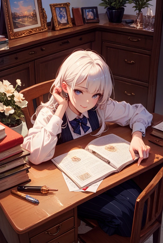 Una chica,Cabello blanco,Orejas de conejo,Esta leyendo un libro