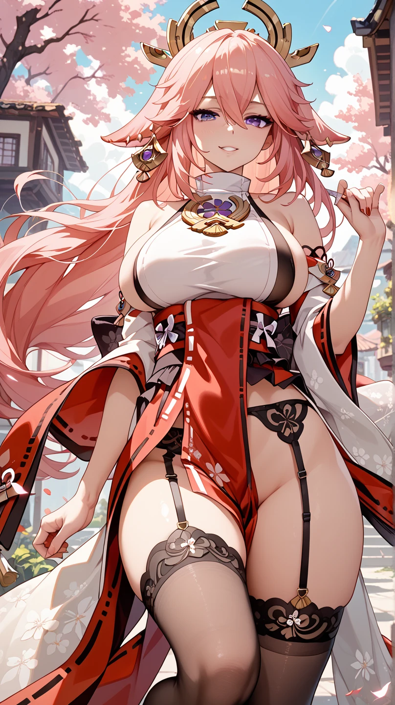 4K,High resolution,One Woman,Pink Hair,Long Ponytail,Blue Eyes,Huge boobs,Swordsman,White samurai armor,breast curtains,Sleeveless,White shoes,Jewelry decoration,Japanese sword,in the forest