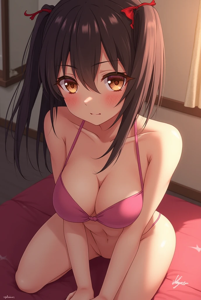 (masterpiece, Highest quality), One girl, Yunyun,Long Hair,Braiding,Twin tails,Hair between the eyes,Red hair ribbon,hair ornaments,large round breasts,、Black Hair、Red Eyes、(smile:1.2)、(Face down on the bed)、Crown Blade、(blush:1.2)、(Pink underwear:1.2)