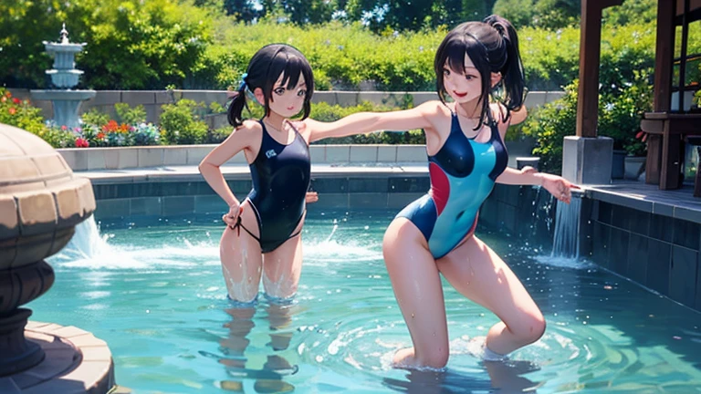 (SFW, masterpiece:1.28, Acutance, RAW, Realistic, 真实感: 1.37), realisticlying, softlighting. (( Tiny Girls jumping into the pool:1.37 ))、{ Falling | splash water | shout | energetic motion | Luminous water surface | White and Vivid colors }, (under the mesmerizing back lighting), glistening ivory skin, sparkling highlights, Detailed KAWAII face with cute lips, long eyelashes, Delicate lace knitted clothes, { Detailed open crotch | Overflowing sideboob | pretty Ass }, Whole Body proportions and all limbs are anatomically accurate . (corrected all limbs), (nipple:-0.8)