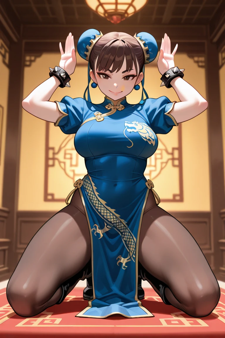 (masterpiece, best quality:1.2),((photoreal:1.1)),perfect ???????,solo, ((1 middle age woman)),perfect eyes,Chun Li,((looking at viewer:1.4)),horizontal angle,((shoot from front:1.4)),((Piutuary breasts:1.4)),(saggy breasts:1.3),((muscular:1.5),((do not hide your crotch)),((do not show your skin:1.4)),(cod lips),((squatting:1.3)),holding your head high, Chun Li,Qipao,qipao,(silk blue dress), makeup, long pelvic curtain,brown spandex pantyhose,brown eyes, short hair, double bun,white bun cover, rubber blue dress,puff sleeves,white belts,boots, insane details, ultra detaied