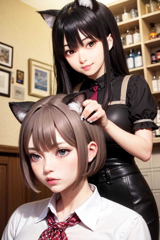 Photo, (((2heads:1, conjoined_dicephalus:1.5, two heads:1.5))), **Render**: full body, girl, (((((one person))))), feminine face, no facial hair, no body hair, cute face, detailed skin, detailed eye, Rendering in highly detailed 4K resolution, two-headed, ~25 years old, ((Silver/White Cat Ears)), (Chinese woman), (standing in the middle of a kitchen), dressed in a halfway buttoned up (((mens white shirt))), (red eyeshadow/lipstick/nails), ((silver straight hair)), (puckering her lips), (extending her arms towards the camera as if offering a warm welcome)