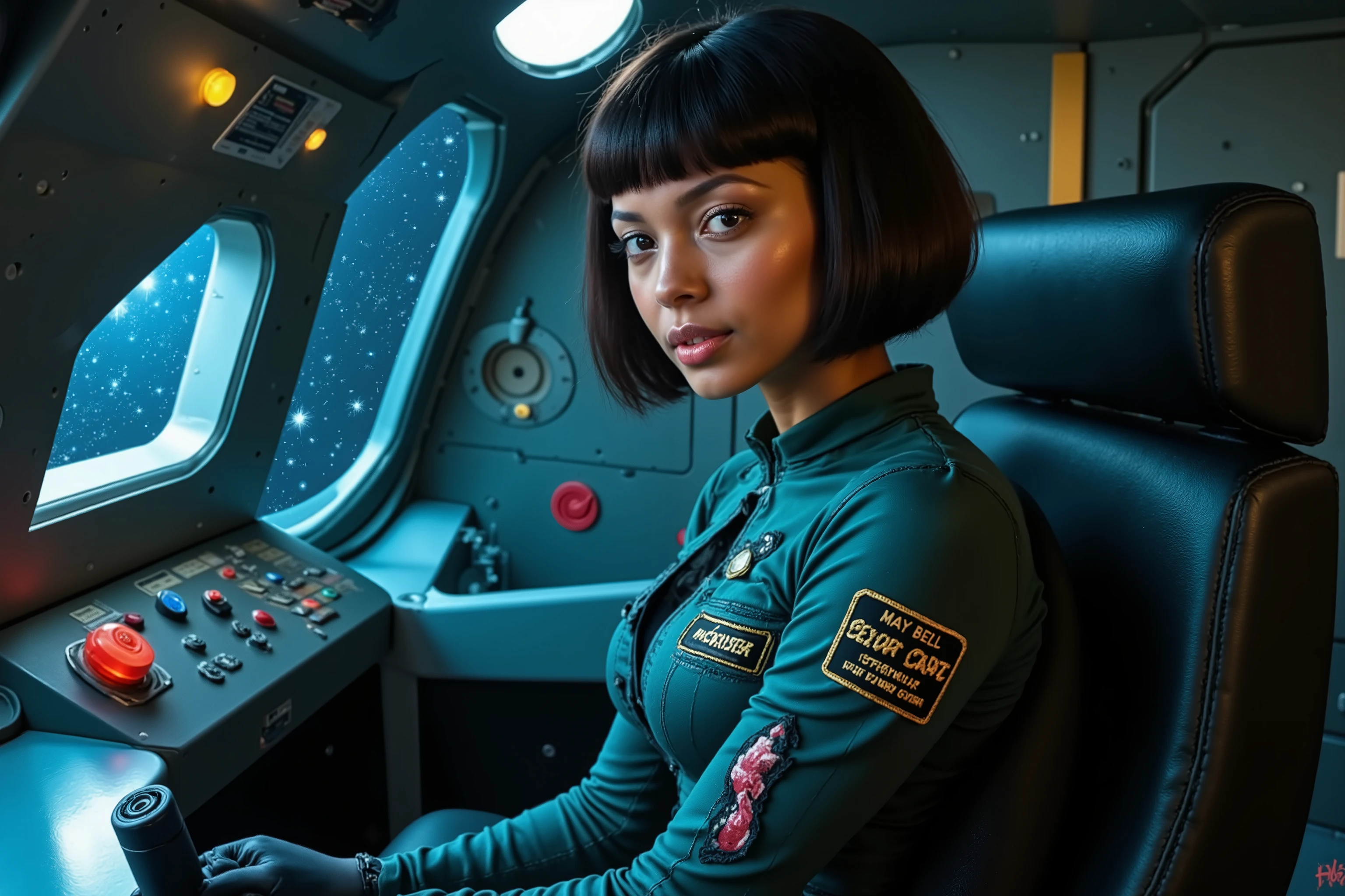 A high-resolution, professional photograph of a beautiful African woman with smooth brown skin, short sleek black bob-cut hair, and warm brown eyes. She is wearing a futuristic, form-fitting, low-cut teal-colored space pilot jumpsuit with soft textures and realistic stitching. A black rectangular badge on her chest reads "May Bell" in crisp gold lettering, and on her upper arm, there's a detailed patch with "Star Cruiser" in bold red letters on black background. She sits confidently in a high-tech spacecraft cockpit, bathed in soft, cinematic lighting. The cockpit features a curved control panel filled with glowing lights, dials, and a realistic joystick gripped in her hand. Through the side window, a detailed starry expanse of outer space is visible, adding depth. She looks directly at the camera with quiet strength. The black leather seat adds a premium feel. Shot in wide-angle, landscape 3:2 aspect ratio, this scene captures a futuristic yet authentic sci-fi atmosphere.