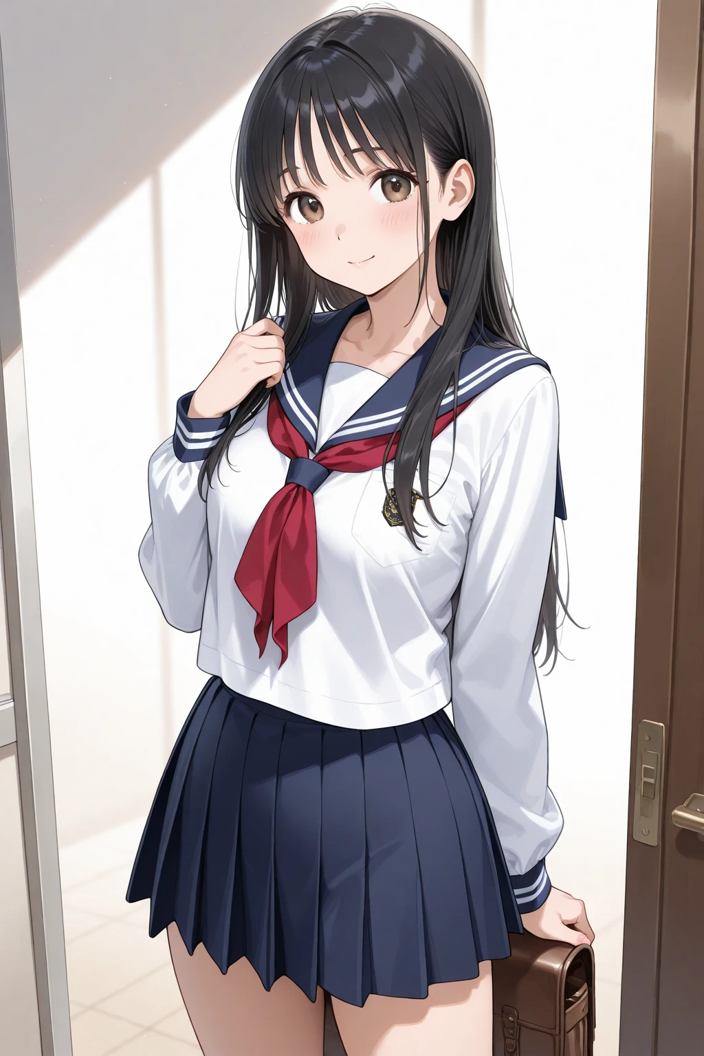 <lora:saten:0.5> ,saten ruiko,very detailed ,highres,(masterpiece_1.0),(best quality_1.0),(body in frame),standing,school uniform,looking at viewer,cowboy shot,bangs,smiling