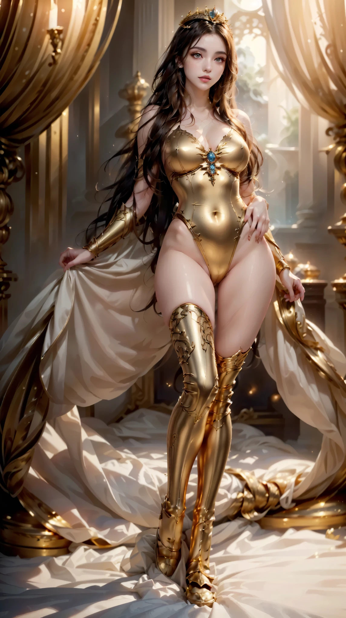 (RAW photo:1.2),(photorealistic:1.4),(masterpiece:1.3),(best quality:1.4), (ultra high res, HDR,8k resolution), (highly detailed textures).raw(full body photo), black thong, smooth Thigh, barefoot model standing, (light, dramatic light, high contrast, dusty light). A photo of a stylish and glamorous Warrior Goddess Gym - standing in an insanely decadent golden palace adorned with intricately detailed ornaments. ((Sweating profusely, highly detailed skin indentations)) , (((Roaring, Bloody face))), (((Beautiful sad eyes))), (((Perfect beauty))). ((((Black long hair, jeweled crown)))), (((((High-detail armor perspective, perspective and delicate textured white cloth))), crotch ((((Detailed cameltoe)))). (( ((complex jewels and golden elements)))). Small buttocks.. big breasts, beautiful body, a pair of perfect long legs, perfect buttocks, delicate hands, perfect fingers