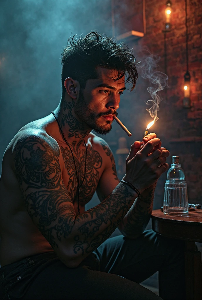 creating dynamic poses and long angle shots, a man sitting relaxed in an armchair in a dark room at night with his eyes closed holding a cigarette, Yaman pode, 20 year, long brown hair with bun, strong square chin, defined chin, thin moustache, strong muscular physique, he's naked, nor below, fully naked, with the member (penis) get out, lain, in a dark room at night