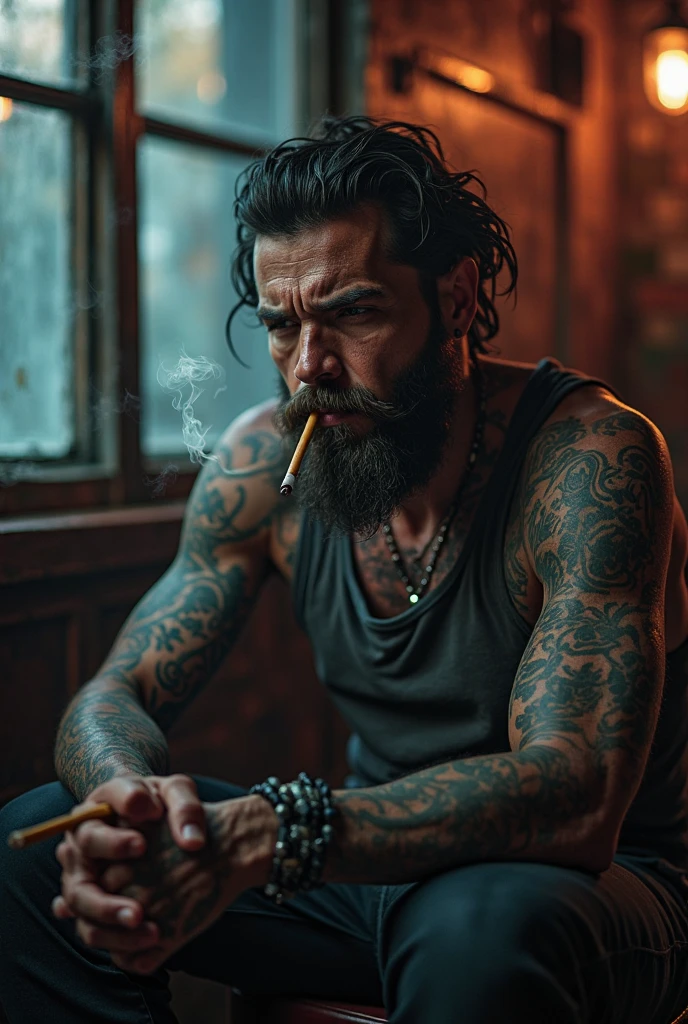 Tattooed man smoking marijuana with several feet around