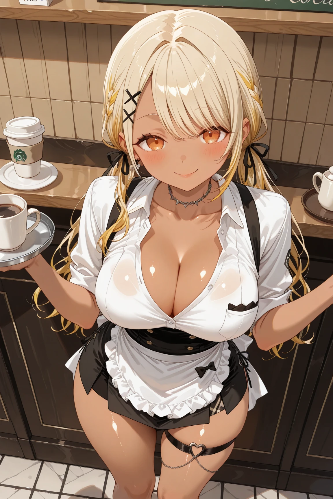 (medium breasts:0.6),(from above:1.2), ((Face)), (Close-Up:0.4), (( eat a cake and have a coffee)),highest quality、(real、photorealistic:1.4),(ultra high resolution, 8K RAW photo, clear focus), best qualtiy, natural lighting, field depth, (Bright pupils, detailed beautiful eyes, high detailed face), Red lip, (tight focus:1.2, from below:1.2), sexy posing, erotic cute,cooking Research Institutes(beautiful and luxurious:1.2),(double breasted:1.0,under bust:1.0), gap between buttons,(((corset belt))),(((high waist skirt,))) seductive weak smiling,(with sparkling eyes and a contagious smile),open mouth, Looking at Viewer
