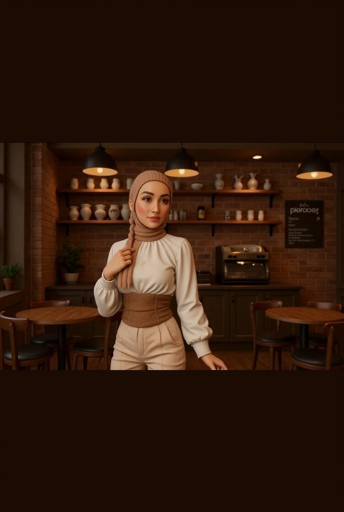 Top Quality, Masterpiece, High Resolution, 8k, Instagram photo, reailistic photo. Low angle photo. Lora: realistic asian. a young woman white skinned, 20 years old, height 160 cm, standing in front of a wooden counter in a restaurant. She is wearing a beige sweater, blue jeans, and beige sandals. She has a hijab on her head and is looking directly at the camera with a serious expression. Behind her, there is a wooden shelf with various items on it, including a potted plant and a coffee machine. The floor is made of white tiles.