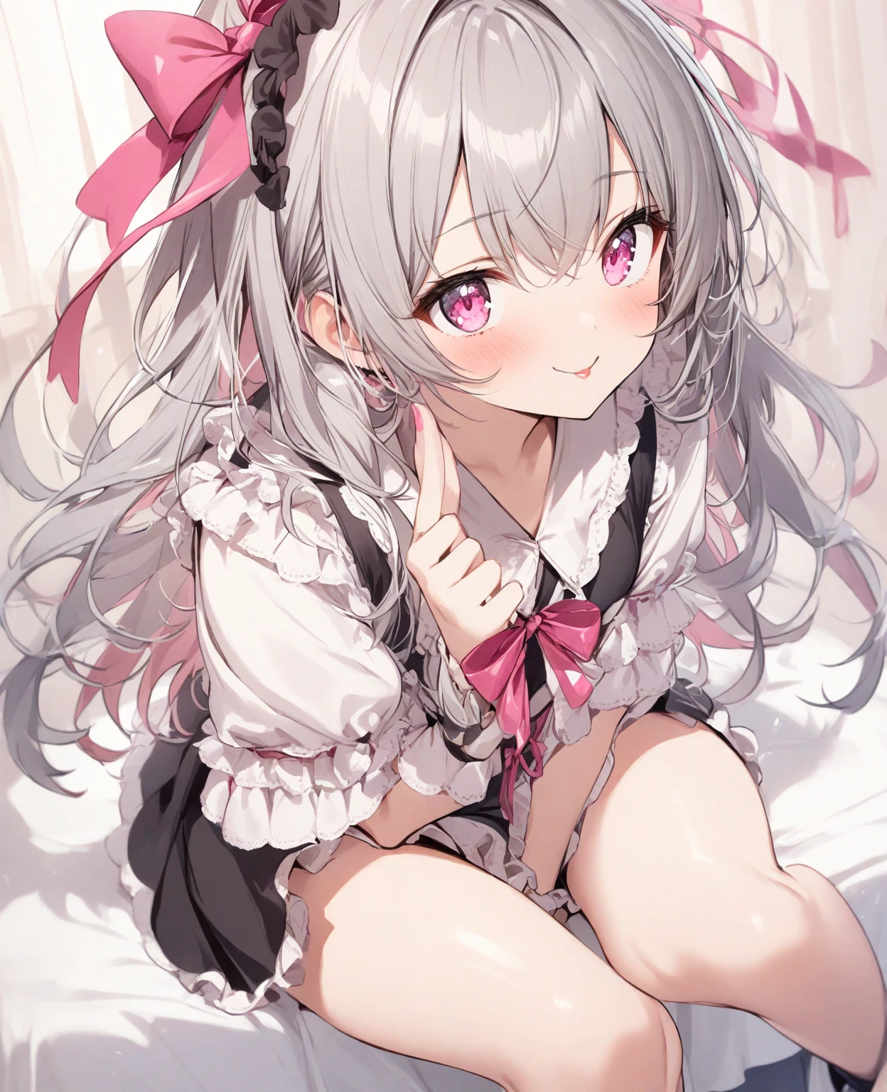 ((8K, Highest Quality, Masterpiece:1.3)), Ultra High Quality, (1 Girl, 1 Person), (Color Changing Eyes, Super Detailed, Expressive Glow, Sparkling Eyes), Highly Detailed Eyes, Highly Detailed Face, Random Hair, (Silver-Gray Color), Exposed, Off-the-shoulder Top in Bright Neon Colors, High-waisted Tulle Skirt, Leggings, Leg Warmers, Pumps with Ribbons, Colorful Plastic Accessories, Bright Pink Lips, Voluminous Perm Hair, (Cute Wet Panties:1.3), (Ecstatic Face:1.3), On All Fours, Erect Nipples, Angle from Below, White Skin, (Bed, Dim:1.2), Fantastic Light