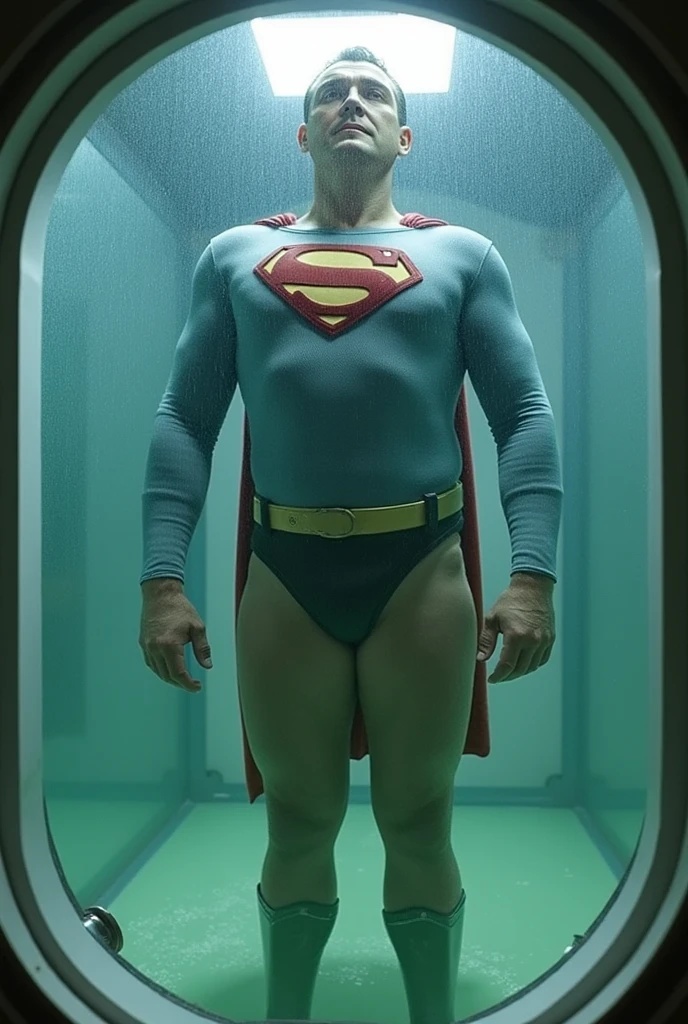 In a dark cavern, standing on a green-shining circle, shoulders hunched, head bowed, sweat dripping from his face, a middle-aged, very hairy,solidly-built superman stands naked in white briefs with a pained, pitiful expression on his face.