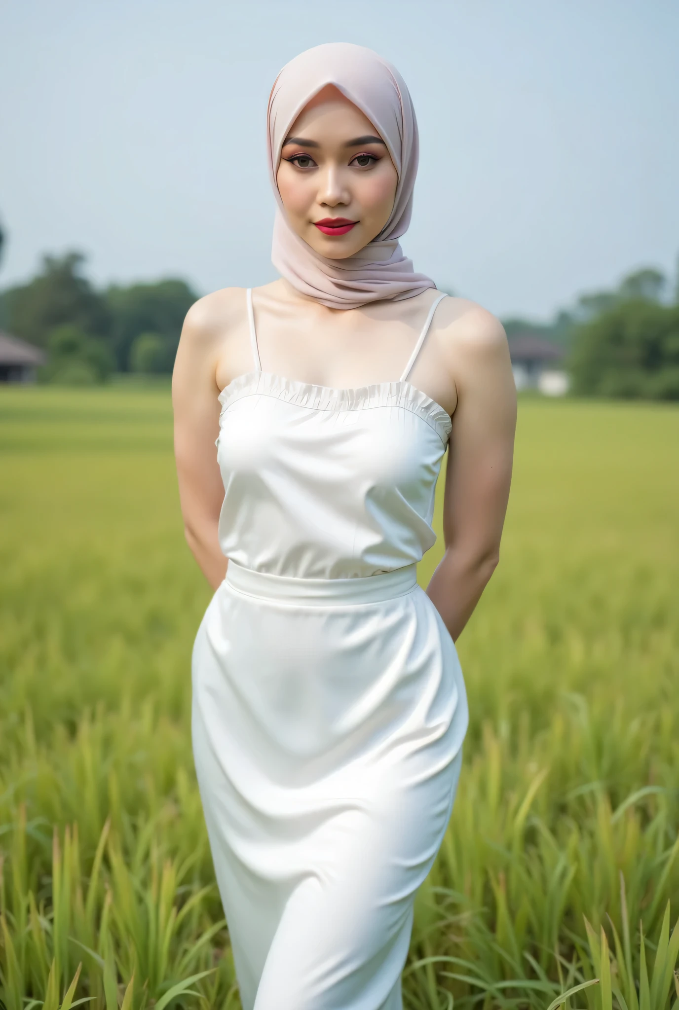 Just Front photo, wear a pastel translucent (white) leggings closed my center, Tetek besar melayut, hijab hijab hijab  hijab, (photorealistic:1.6), background rice paddy. daytime atmosphere, don't put any rope! flat chest!, duduk di atas kerusi kaca, hands behind back while legs astride,  view from  front, wearing Detailed Fully white satin silk tight dress, (Singlet ruffled)