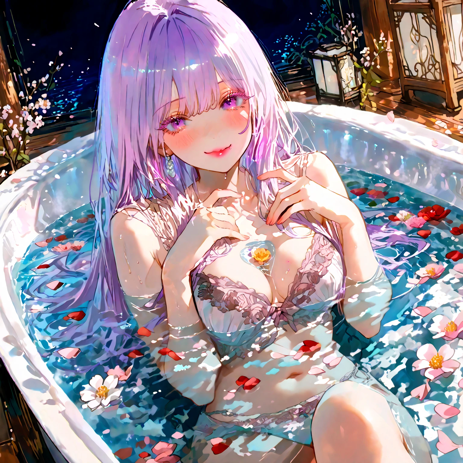 (Masterpiece, high quality graphics, super details: 1.2, 4K), a girl with lilac hair and blue eyes bathed in cake, fluffy cake, (full body image: 1.5), feet sticking out of the bathtub, cake dotted with sweets and snacks, bubbles, smiles, reach out to touch floating bubbles, blue background, floating soap bubbles