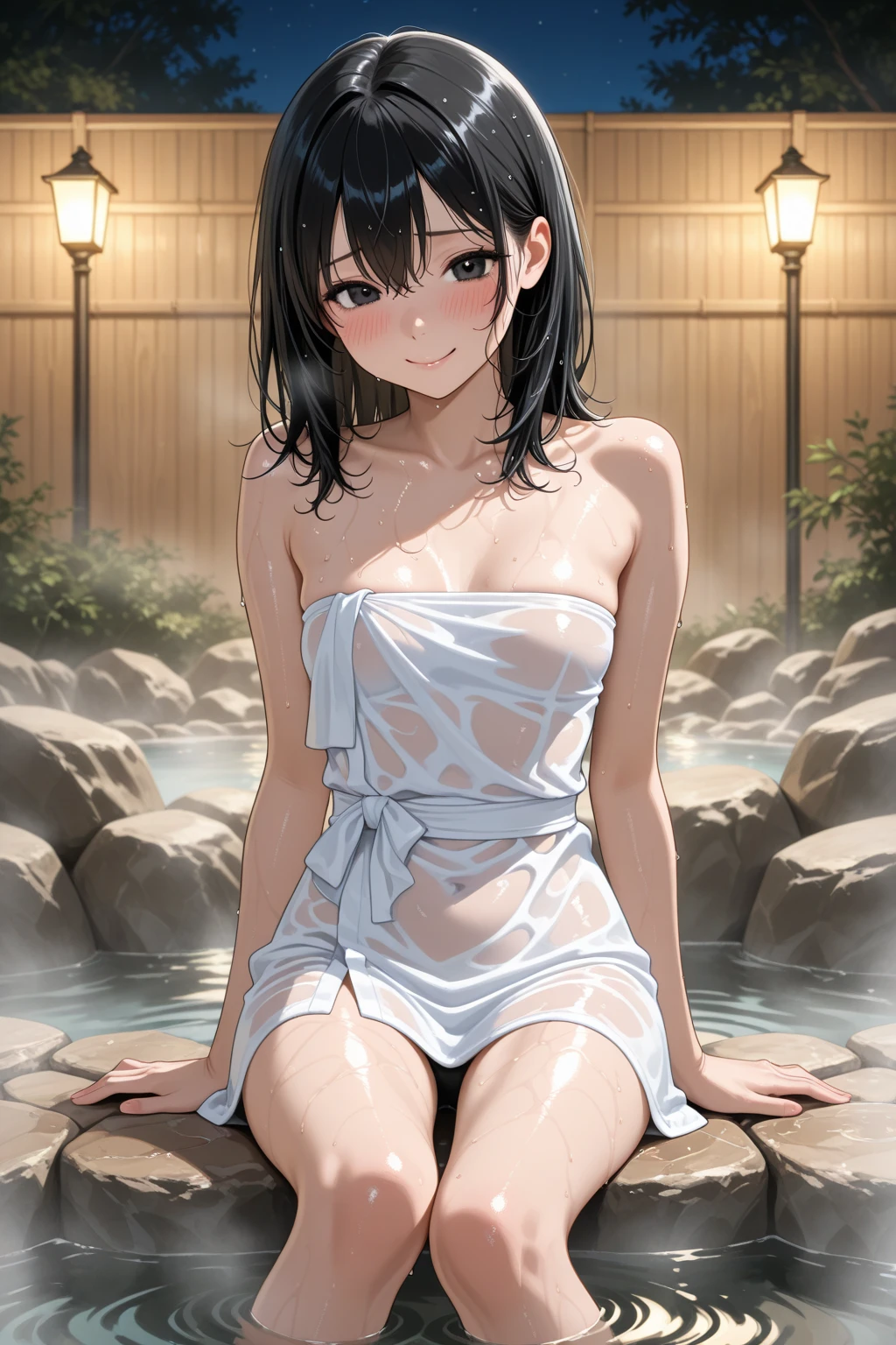 Yukina Himeragi 、BREAK medium breasts, crossed legs, sitting, looking at the viewer, onsen, stone, night, blush, smile, sitting BREAK medium breasts, crossed legs, sitting, looking at the viewer, onsen, stone, night, armpits, cowboy shot, from above, looking at viewer, exposed skin, raw skin,exposure,towel on body
