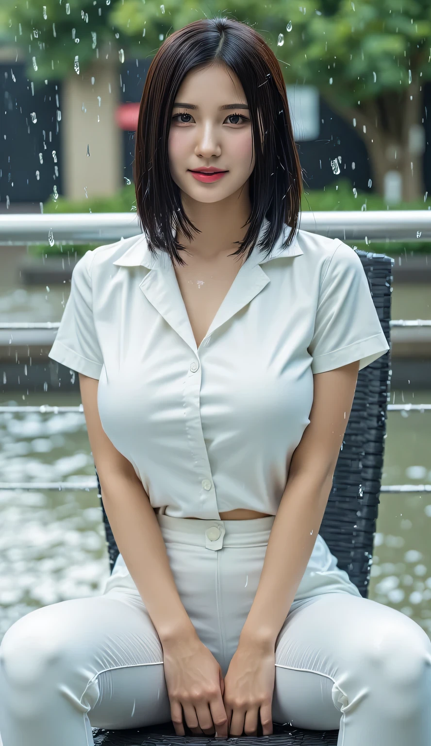 ((Best quality, 8k, Masterpiece :1.3)), Sharp focus :1.2, A pretty woman with perfect figure :1.4, Slender abs :1.2, ((Layered haircut, Big breasts :1.2)), (Wet white button up long shirt :1.1), (Rain, Street:1.2), Wet body :1.5, Highly detailed face and skin texture, Detailed eyes, Double eyelid