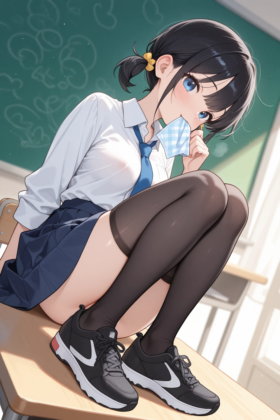 (masterpiece, 4K resolution, ultra-realistic, Very detailed), Girl、、12 years old、blazer、Sit on a chair、classroom、Holding white panties with both hands、smile、Black Hair、Side Ponytail、Brown eyes,holding panties,presenting panties.Perfect Fingers、tie、pussy、dildo in pussy、Blushing、Embarrassing、Embarrassed、Knee-high socks