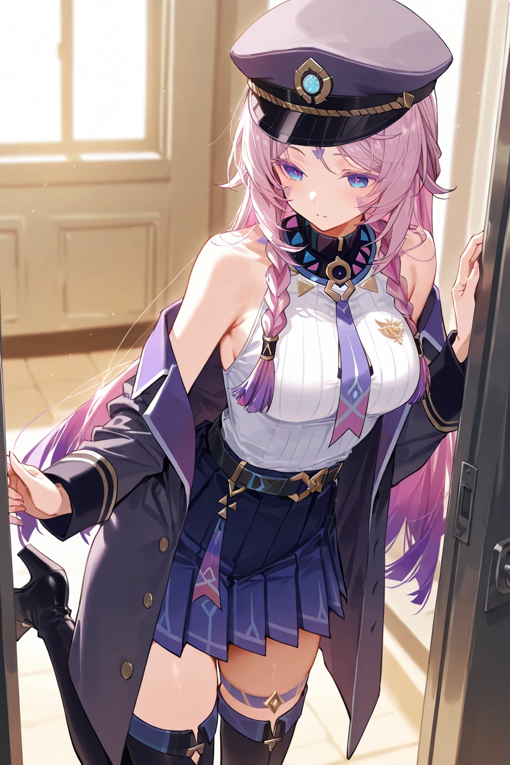 <lora:è¾ä¸å¦²2pony:1>,xtasta,a girl named xtasta,1girl,braid,white shirt,sleeveless shirt,one side up,id card,detached sleeves,black skirt,black bowtie,center frills,collared shirt,thigh strap,, (score_9,score_8_up,score_7_up),(masterpiece,best quality,high quality:1.2),absurdres,