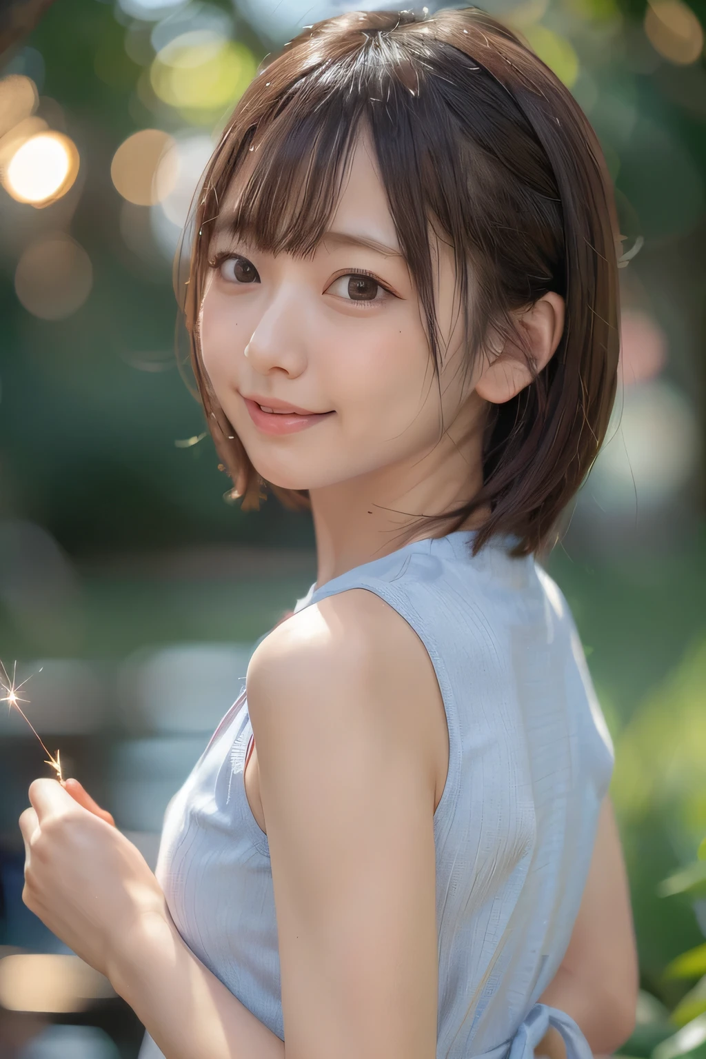 closeup shot , Best picture quality (8K, high resolution, Masterpiece: 1.2), super detailed, 215 Short Hair, 16-year-old woman,
situation: At the Summer Wind Chime Festival、A scene of walking down a path lined with countless wind chimes。
clothing: Summer yukata、can、Fan in hand。
angle: Wind chimes hanging on both sides of the path in the background、Photographing a yukata from a wide angle。The way the wind chimes sway、A close-up of a man listening to a refreshing tune。A scene of walking through wind chimes was shot in slow motion.、Emphasizing the beauty of wind chimes and the atmosphere of summer festivals。
Close-up of face
, random cute pose ,big eyes ,Puffy eyes , Heart Pupil, blush , huge shy smile , salute