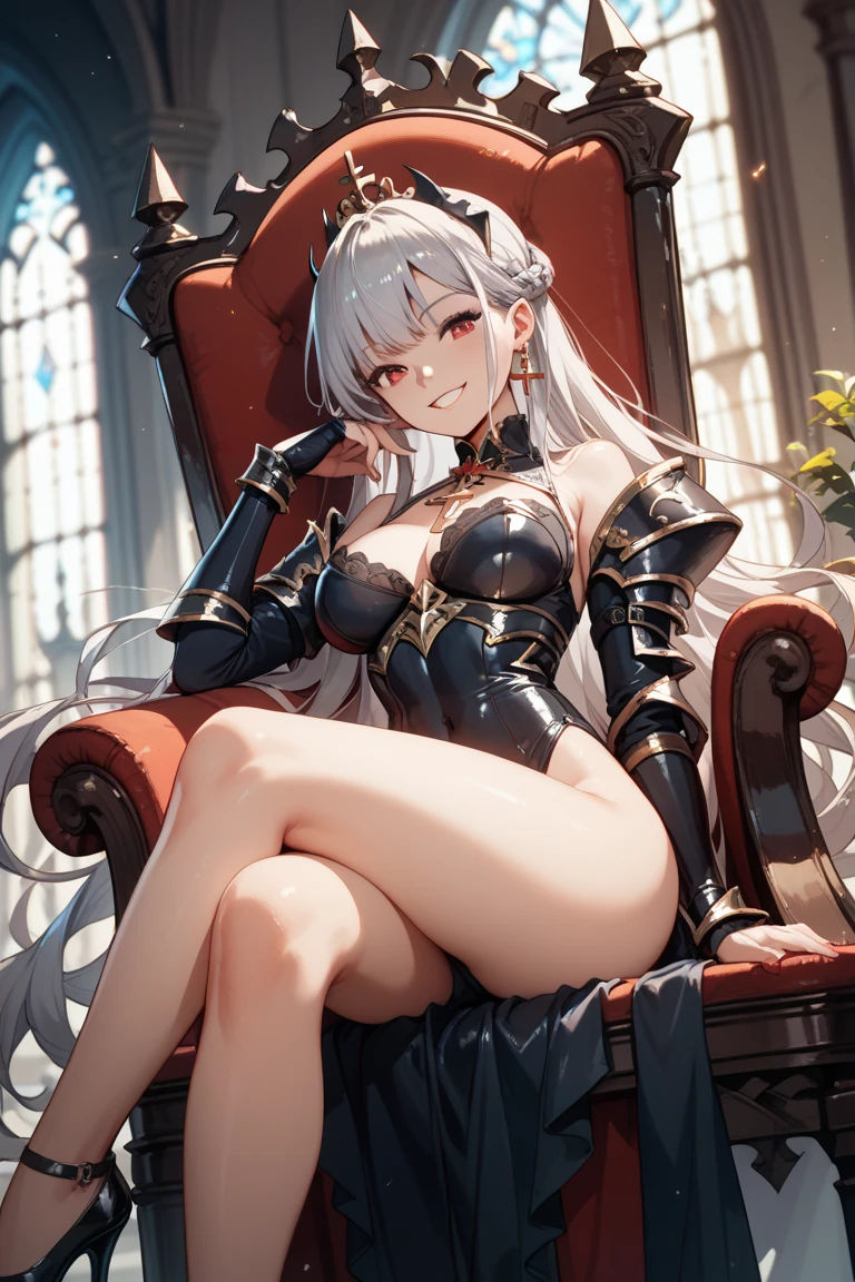 Woman knight、a beauty girl、huge tit、Excellent style、Nice Buddy、glamorous、leotard、s Armor、Bra chest armor、knee boots、gauntlets、hair adornments、silber hair、Longhaire、Ahoge、、is standing、full body seen 、Medieval city、Sitting on a chair、legs crossed、Eyes closed、a smile、