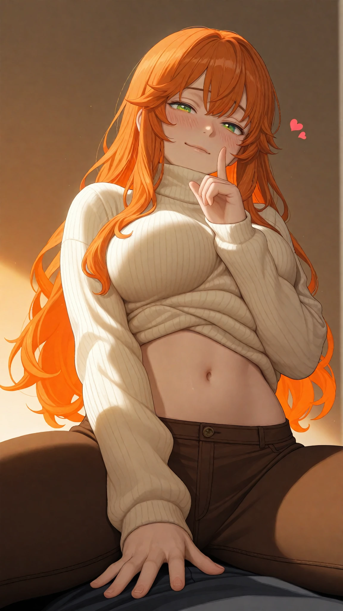 Cute girl, long orange hair, cropped bangs, round glasses, gray eyes, black T-shirt with white stripes, big breasts, exposed stomach, underpants, toy hand in hand, sitting in her room and playing
