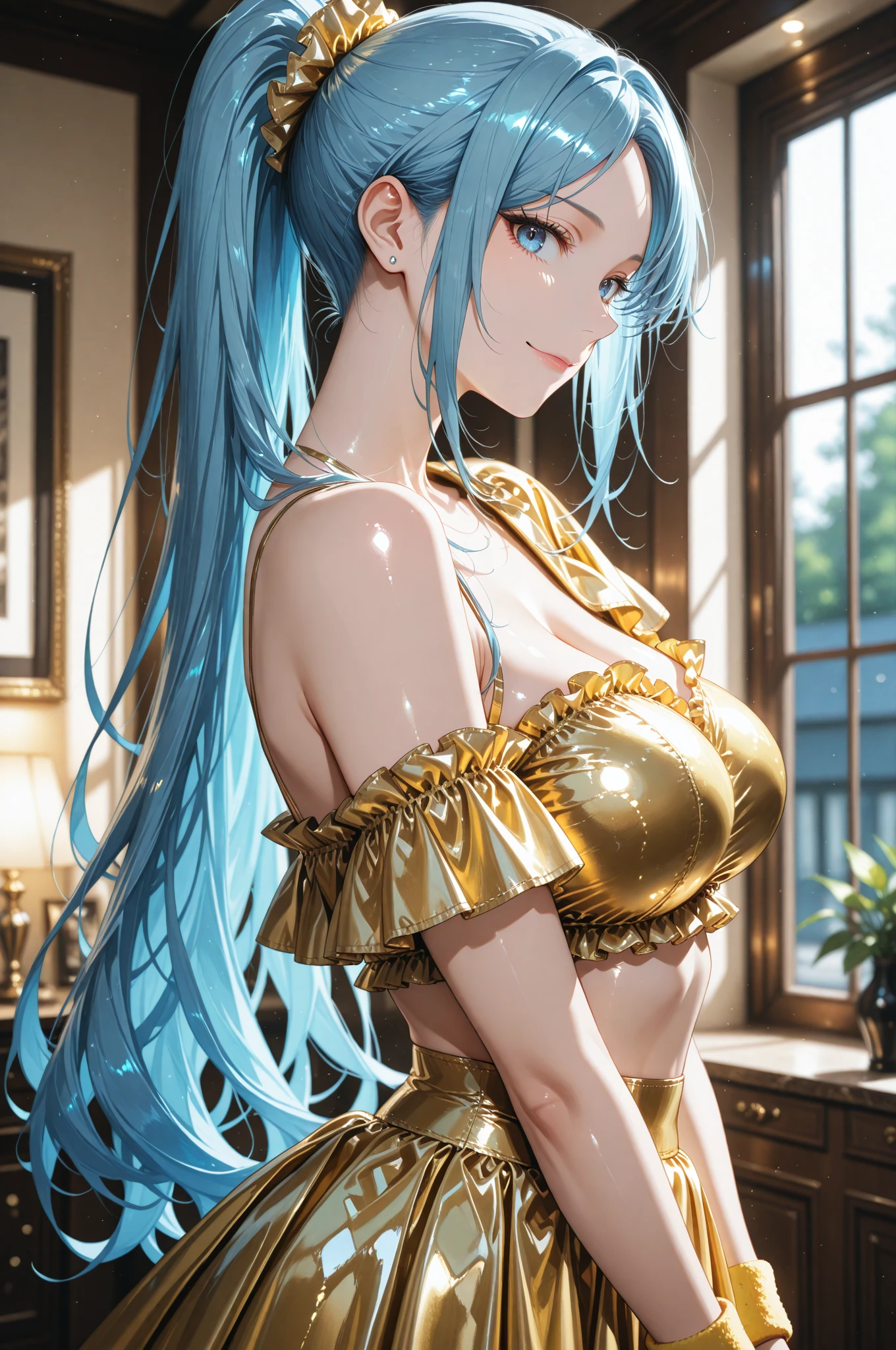 (((masterpiece))), (((best quality))), ((Extremely detailed)), (Highly detailed CG illustrations), ((Extremely delicate and beautiful)), light,((1 Girl)), Solitary, (Upper Body), (character focus), absurd, High contrast, Extremely detailed,rich and colorful,The most detailed, Science fiction, Nanosuit, High Ponytail, (Light blue hair), Yellow eyes, Knee-high boots, (Spacecraft interior), Mechanical limbs, Large Breasts, metallic line, 
